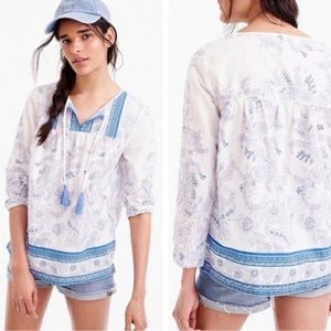 J Crew Point Sur Size XXS Blue Floral Tassel Neck Tie Metallic Stripe Blouse